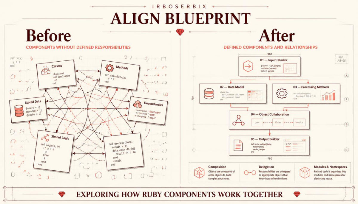 An infographic titled 'ALIGN BLUEPRINT' comparing a 'Before' state with an 'After' state of Ruby components. The left 'Before' section shows loosely connected, unorganized component cards.