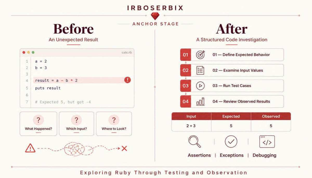 An educational infographic titled 'Before' and 'After' from Irboserbix, comparing an unexpected coding error with a structured debugging lesson plan for Ruby.