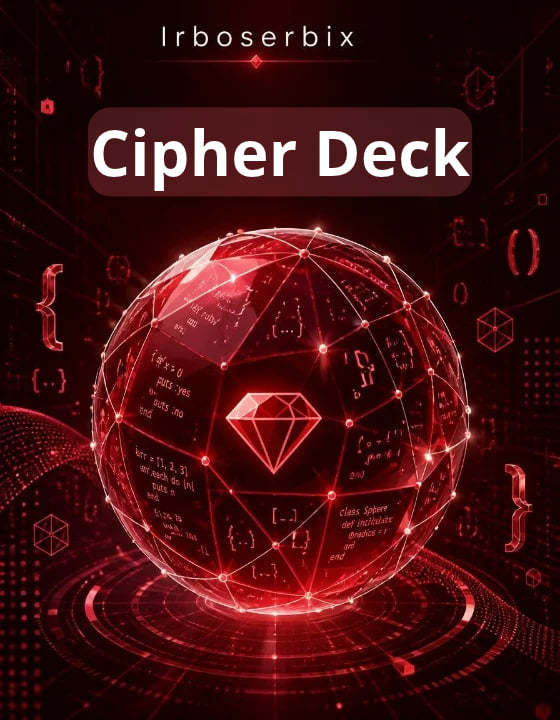Digital cover art for 'Cipher Deck' by Irboserbix, featuring a glowing red geometric sphere with mathematical equations and a diamond icon on a dark red, tech-themed background.