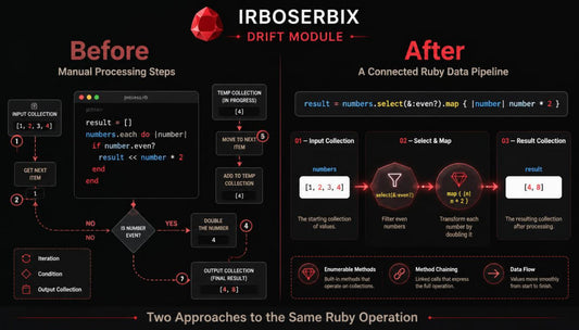 An infographic comparing two approaches to Ruby data processing, titled 'Before' and 'After' under the brand IRBOSERBIX. The left side, labeled 'Manual Processing Steps,' shows a flowchart with Ruby code snippets and decision diamonds.