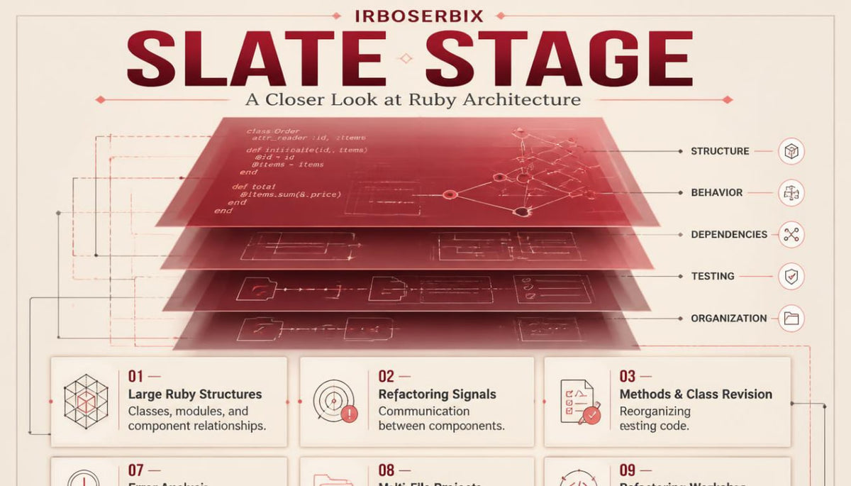 An infographic titled 'SLATE STAGE' with the subtitle 'A Closer Look at Ruby Architecture' and the name 'IRBOSERBIX' at the top. The design uses a beige background with red and dark red graphics, showing layered translucent panels with code-like markings and callout lines pointing to attributes such as structure, behavior, dependencies, and testing.