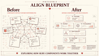 An infographic titled 'ALIGN BLUEPRINT' comparing a 'Before' state with an 'After' state of Ruby components. The left 'Before' section shows loosely connected, unorganized component cards.