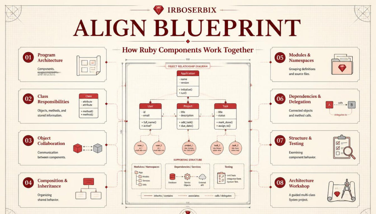 An infographic titled 'ALIGN BLUEPRINT' by Irboserbix, explaining how Ruby components work together with a central flowchart and labeled callout boxes around it.