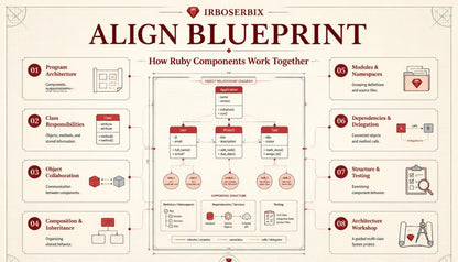 An infographic titled 'ALIGN BLUEPRINT' by Irboserbix, explaining how Ruby components work together with a central flowchart and labeled callout boxes around it.