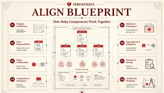 An infographic titled 'ALIGN BLUEPRINT' by Irboserbix, explaining how Ruby components work together with a central flowchart and labeled callout boxes around it.