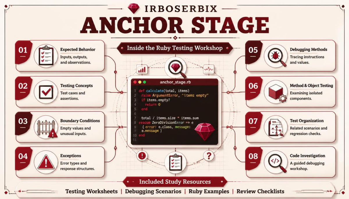 An infographic-style poster titled 'IRBOSERBIX ANCHOR STAGE' with the subtitle 'Inside the Ruby Testing Workshop.' It shows numbered steps 01 through 08 around a central code editor mockup, with callouts about expected behavior, testing concepts, boundary conditions, exceptions, debugging methods, method and object testing, test organization, and code investigation.