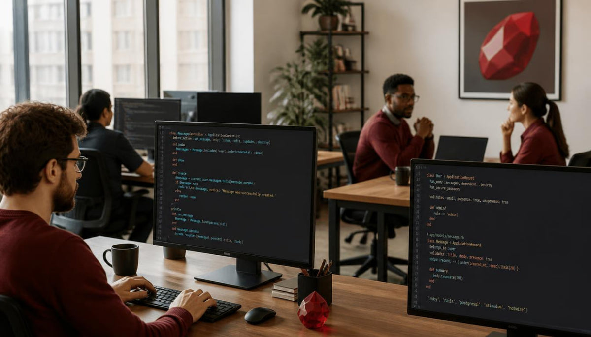 A modern office workspace with multiple developers seated at desks using computer monitors displaying code. The scene includes office furniture, shelving, plants, and a framed red geometric wall art piece.