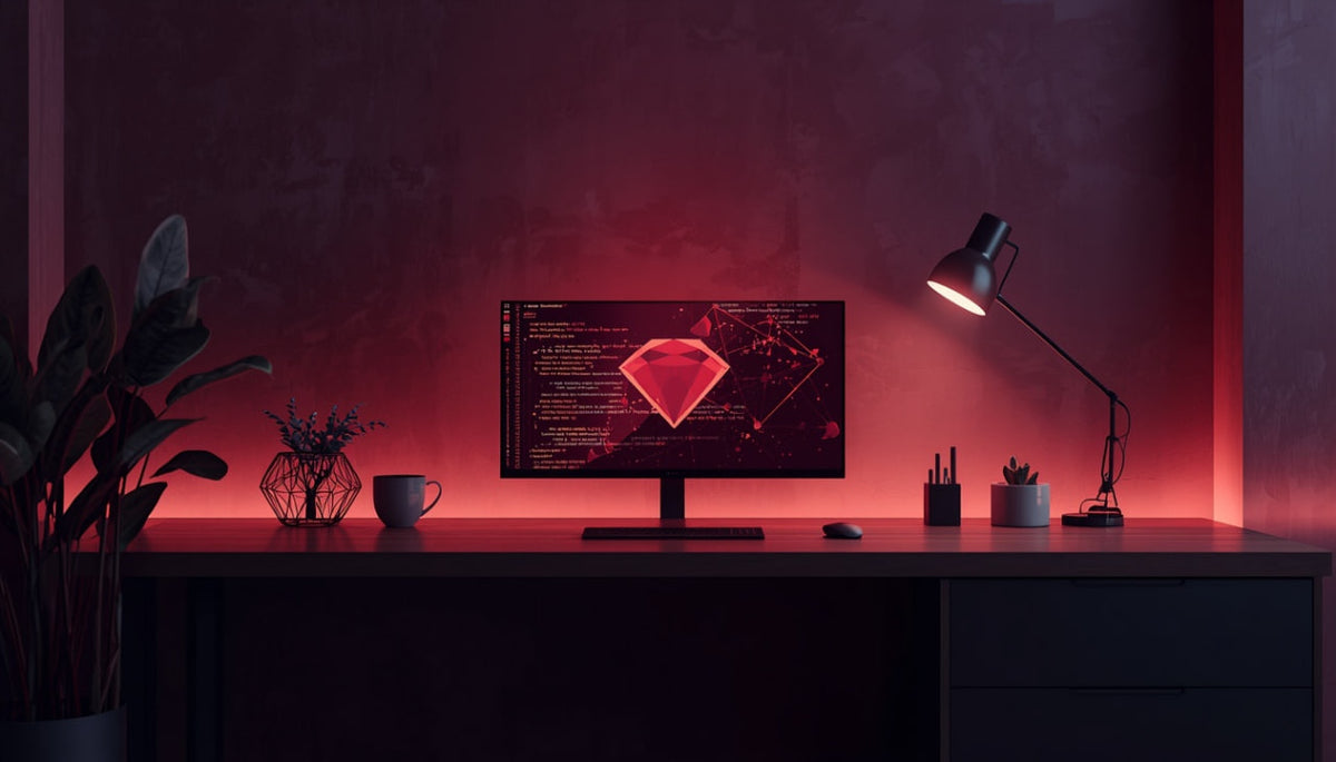 A modern desk setup in a dimly lit room, featuring a computer monitor displaying a glowing red diamond graphic, a black adjustable desk lamp, a mug, and small plants against a dark red ambient background.