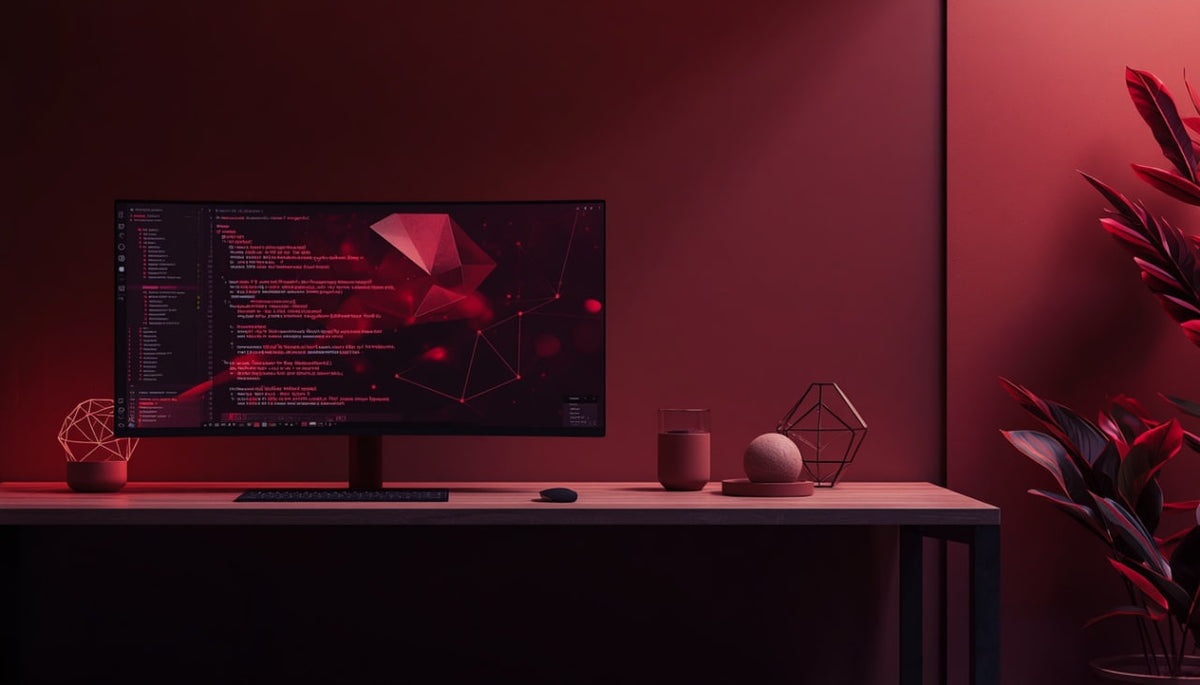 A wide-format computer monitor displaying red and black code or geometric graphics, placed on a desk in a dimly lit room with red ambient lighting. Decorative objects and a plant are visible around the desk.