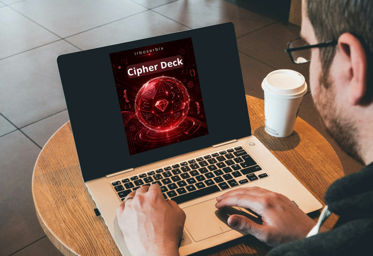 A person using a laptop on a round wooden table in a cafe setting, with a white coffee cup beside the laptop. The laptop screen displays a red digital cover titled 'Cipher Deck'.