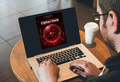 A person using a laptop on a round wooden table in a cafe setting, with a white coffee cup beside the laptop. The laptop screen displays a red digital cover titled 'Cipher Deck'.