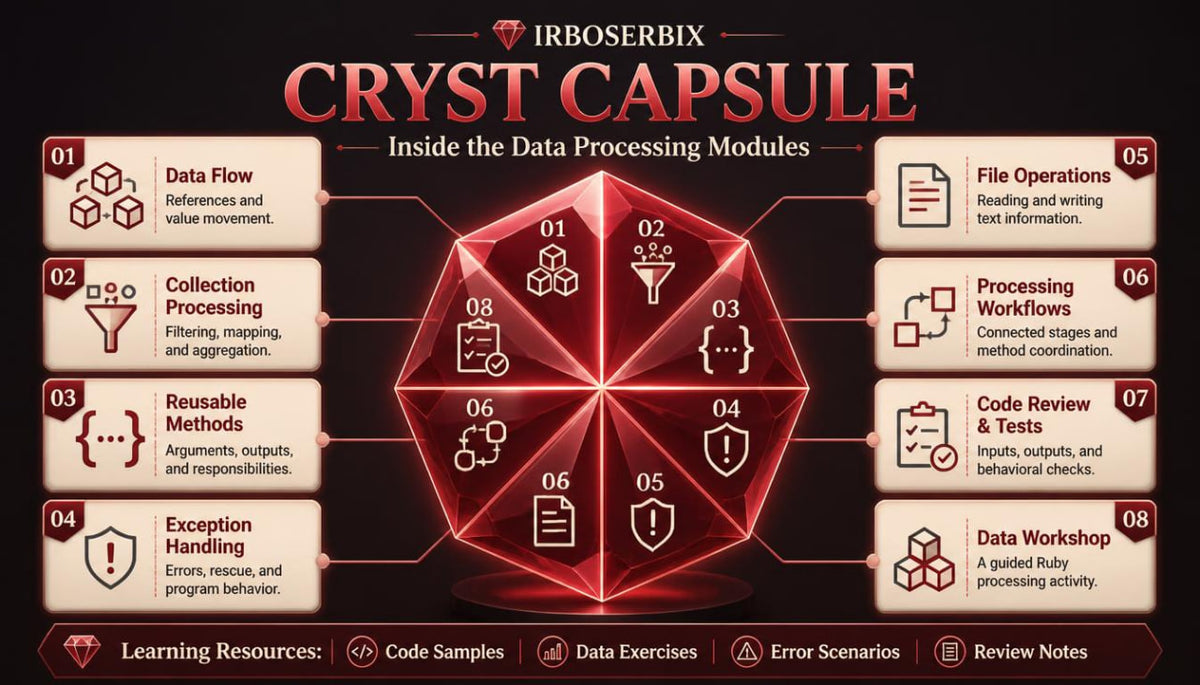 An infographic titled 'CRYST CAPSULE' by Irboserbix, showing a red geometric capsule in the center with numbered sections and surrounding feature panels on a dark background.