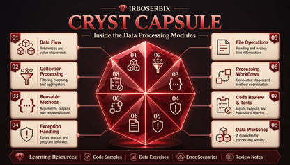 An infographic titled 'CRYST CAPSULE' by Irboserbix, showing a red geometric capsule in the center with numbered sections and surrounding feature panels on a dark background.