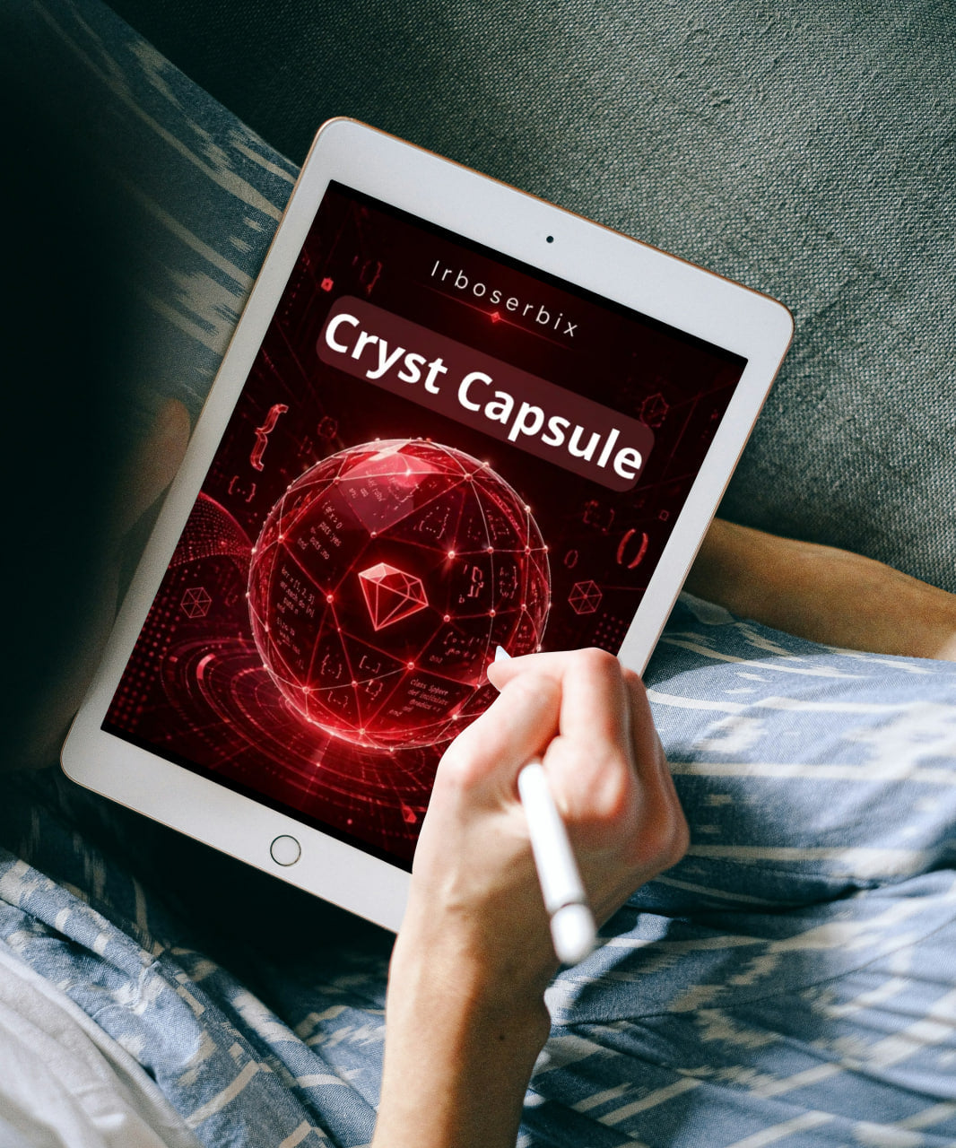 A person holding a tablet in bed, with the screen displaying a red futuristic graphic labeled 'Cryst Capsule' and the brand name 'irboserbix'.
