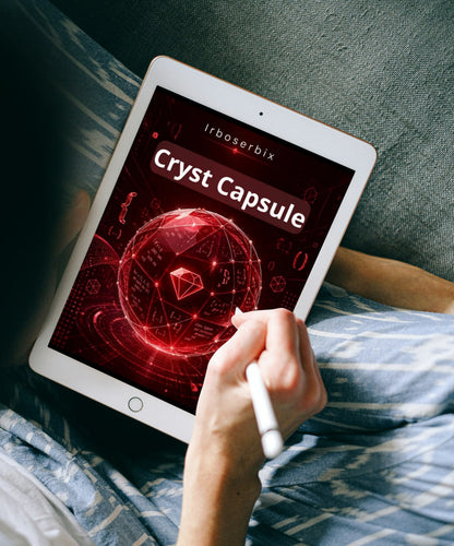 A person holding a tablet in bed, with the screen displaying a red futuristic graphic labeled 'Cryst Capsule' and the brand name 'irboserbix'.