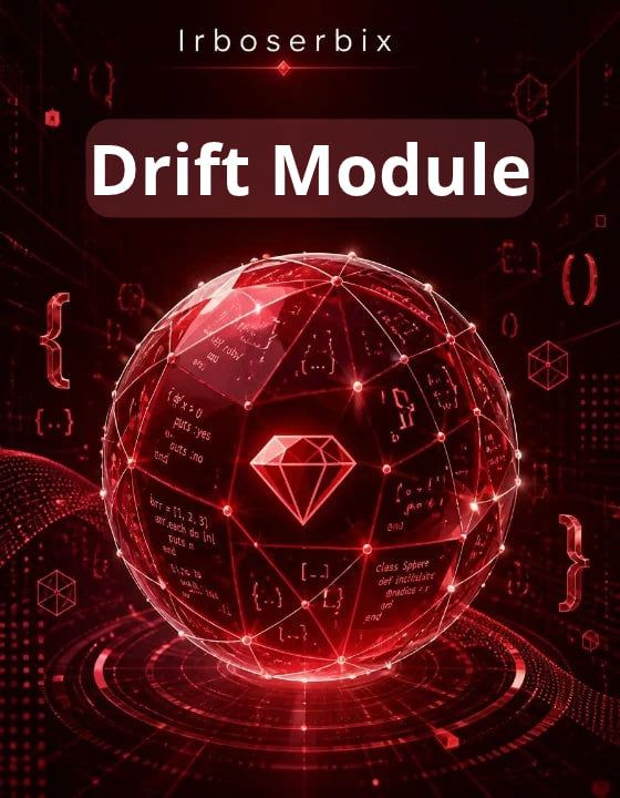 Digital cover graphic for 'Drift Module' by Irboserbix, featuring a glowing red geometric sphere with mathematical equations and a diamond icon on a dark red, tech-themed background.