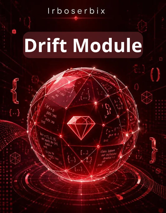 Digital cover graphic for 'Drift Module' by Irboserbix, featuring a glowing red geometric sphere with mathematical equations and a diamond icon on a dark red, tech-themed background.