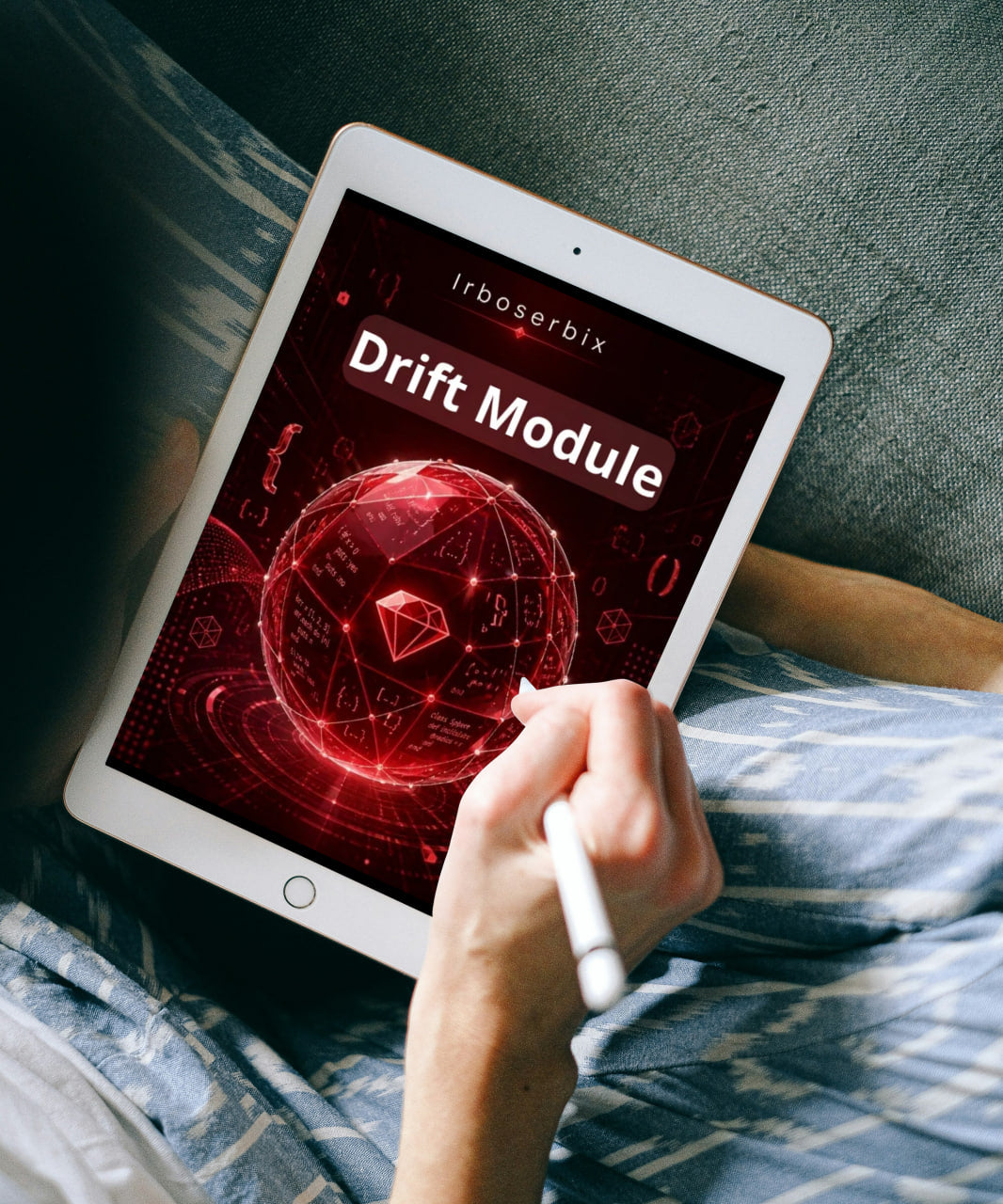 A person lying in bed holds a white tablet with a stylus, showing a red digital interface on the screen that reads 'Drift Module' and 'irboserbix'.