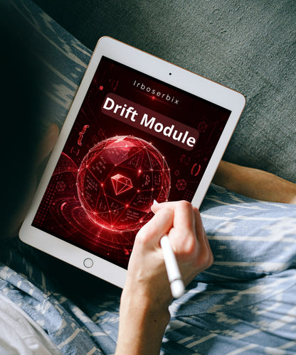 A person lying in bed holds a white tablet with a stylus, showing a red digital interface on the screen that reads 'Drift Module' and 'irboserbix'.