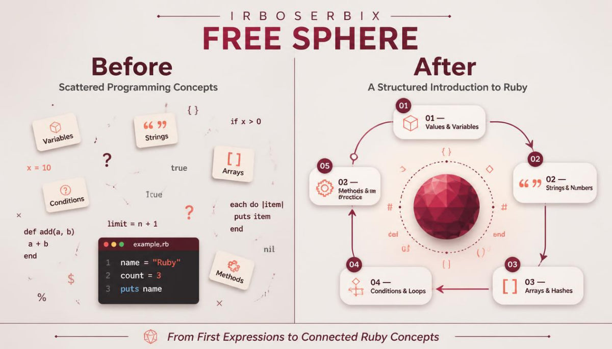 An infographic-style promotional graphic for 'IrboSerbix Free Sphere' showing a before-and-after comparison of Ruby programming concepts. The left side, labeled 'Before,' displays scattered programming concept cards and syntax examples on a dusty beige background.