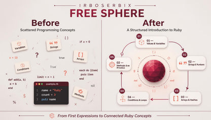 An infographic-style promotional graphic for 'IrboSerbix Free Sphere' showing a before-and-after comparison of Ruby programming concepts. The left side, labeled 'Before,' displays scattered programming concept cards and syntax examples on a dusty beige background.