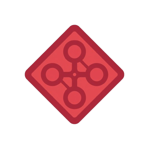 A red diamond-shaped icon with a four-branch circular network symbol in the center, shown on a plain white background.