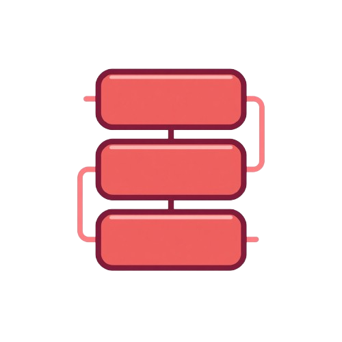 A flat vector-style diagram showing three stacked rounded rectangular blocks connected by lines, rendered in coral pink and dark red on a light gray background.