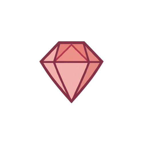 A minimalist line-art illustration of a faceted diamond gemstone in shades of pink and rose, centered on a solid white background.