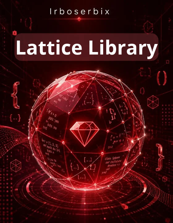Digital cover art for 'Lattice Library' by Irboserbix, featuring a glowing red geometric sphere with mathematical equations and a diamond icon on a dark red, tech-themed background.