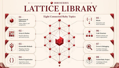 An infographic titled 'LATTICE LIBRARY' by Irboserbix, outlining eight connected Ruby topics such as expressions and references, arrays and hashes, enumerable methods, method organization, blocks, code structure, errors and debugging, and the guided Ruby project, arranged around a central red cube on a cream background.