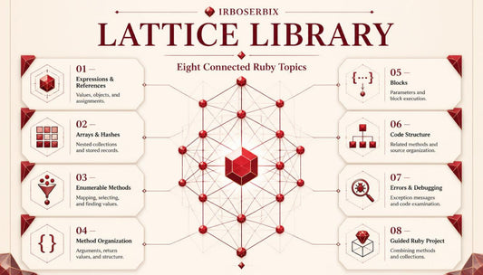 An infographic titled 'LATTICE LIBRARY' by Irboserbix, outlining eight connected Ruby topics such as expressions and references, arrays and hashes, enumerable methods, method organization, blocks, code structure, errors and debugging, and the guided Ruby project, arranged around a central red cube on a cream background.