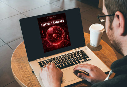 A person using a laptop on a round wooden table in a cafe setting, with a white coffee cup beside the laptop. The laptop screen displays a digital cover for 'Lattice Library' by 'Homology'.