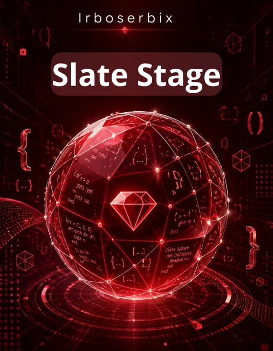 Digital graphic featuring a glowing red polyhedron with a diamond icon and equations, under the text 'Irboserbix' and 'Slate Stage' on a dark red tech-themed background.