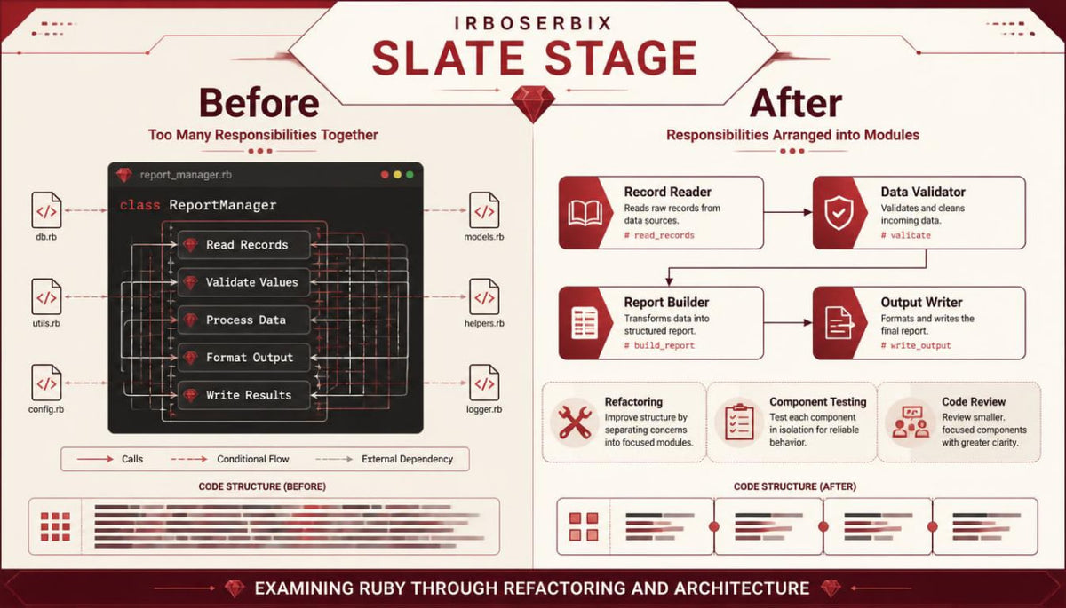 An educational infographic titled 'IRBOSERBIX SLATE STAGE' comparing 'Before' and 'After' states of Ruby programming, featuring diagrams, code snippets, and text on a beige and red background.