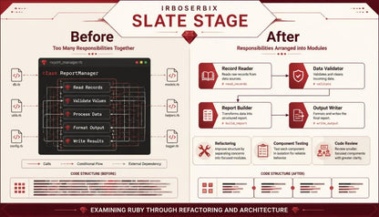 An educational infographic titled 'IRBOSERBIX SLATE STAGE' comparing 'Before' and 'After' states of Ruby programming, featuring diagrams, code snippets, and text on a beige and red background.