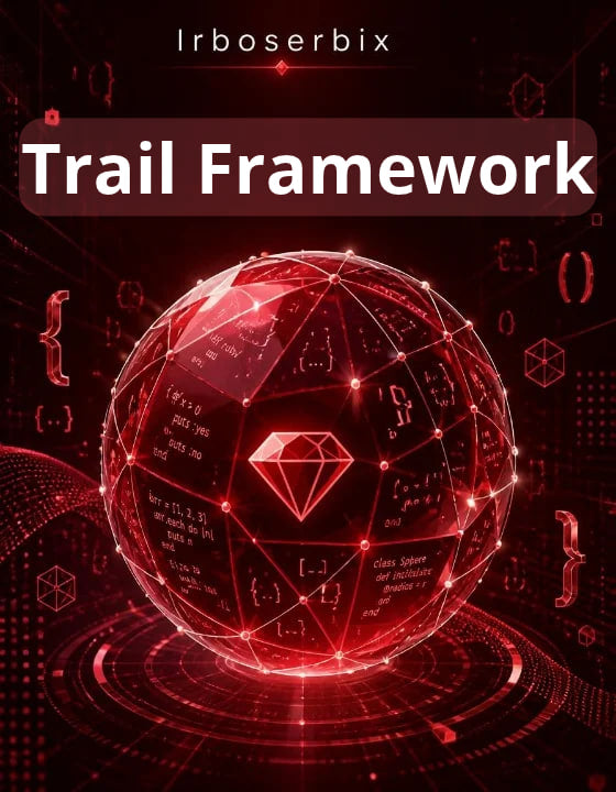 Digital cover art for 'Trail Framework' by Irboserbix, featuring a glowing red geometric sphere with code and mathematical symbols on a dark red and black background.