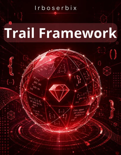 Digital cover art for 'Trail Framework' by Irboserbix, featuring a glowing red geometric sphere with code and mathematical symbols on a dark red and black background.