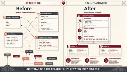 An educational infographic comparing Ruby's 'Before' and 'After' object-oriented programming paradigms under the rubric 'IRBOSERBIX' and 'TRAIL FRAMEWORK'. The graphic features a beige background with red, orange, and dark gray elements, showing diagrams of class inheritance, instance variables, and method calls.