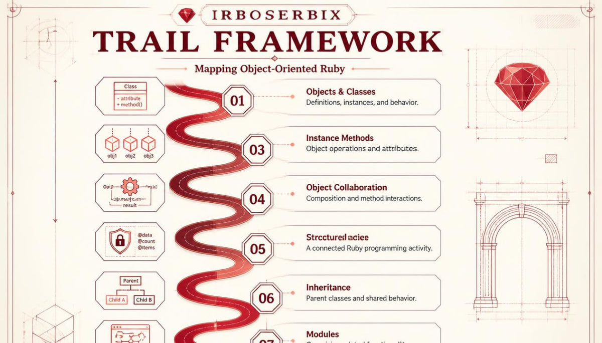An infographic titled 'IRBOSERBIX TRAIL FRAMEWORK' with a beige background, red and black typography, and illustrated technical diagrams including a gem, code blocks, and an archway.