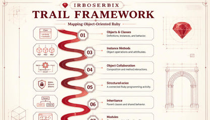 An infographic titled 'IRBOSERBIX TRAIL FRAMEWORK' with a beige background, red and black typography, and illustrated technical diagrams including a gem, code blocks, and an archway.