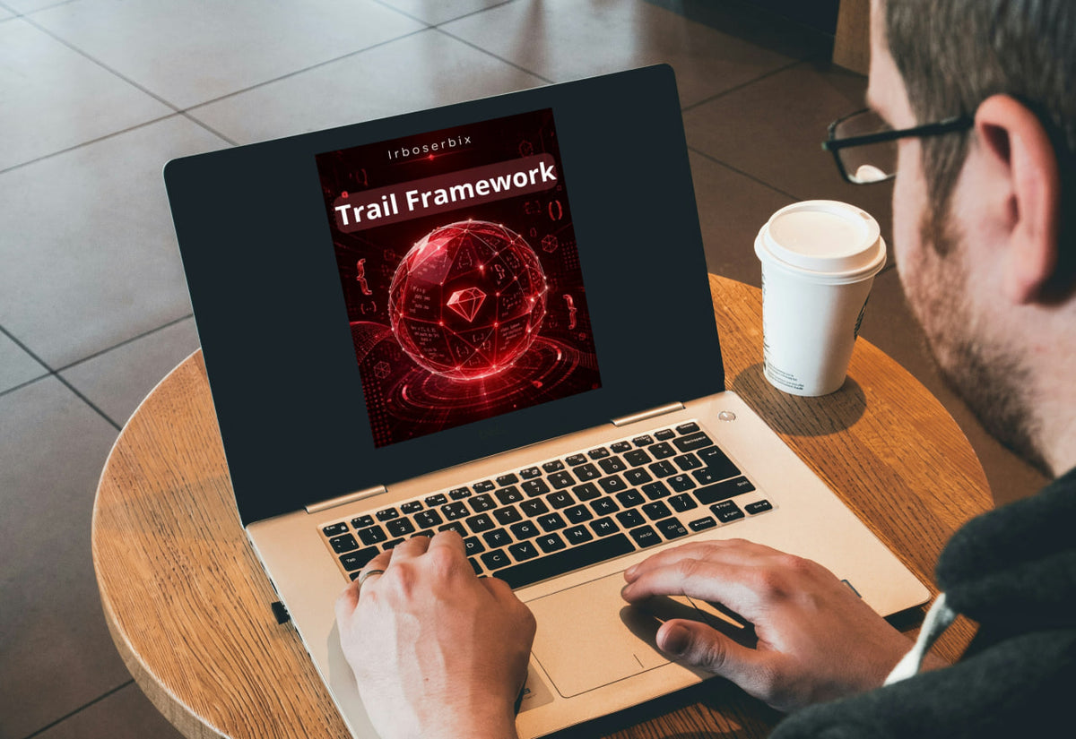 A person using a laptop on a round wooden table in a cafe setting, with a white coffee cup beside the laptop. The laptop screen displays a red and black graphic for 'Trail Framework'.
